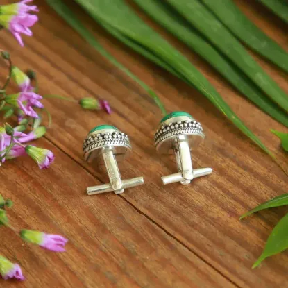 Picture of Pure Silver Cufflinks With Natural Aquamarine For Men / 10.6 Gram