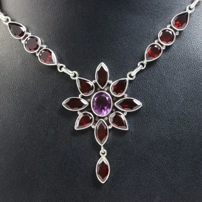 Picture of Pure Silver Necklace With Natural Amethyst/Garnet/Women/37.5 Gram