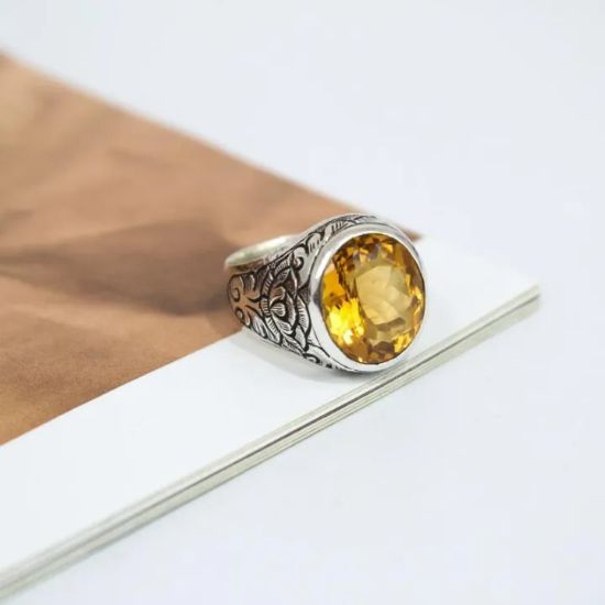 Picture of Yellow Topaz Stoned Pure Silver Ring For Men | Pure Silver 20 Inch Ring With Topaz For Men | Ring For Men