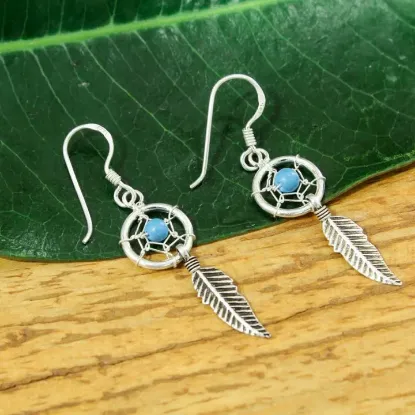 Picture of Pure Silver Blue Stone Dream Catcher Design Drop Earrings For Women-1.72G