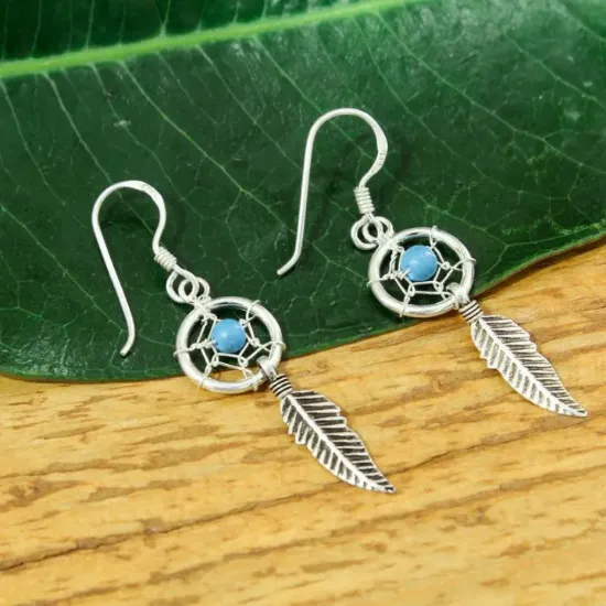 Picture of Pure Silver Blue Stone Dream Catcher Design Drop Earrings For Women-1.72G
