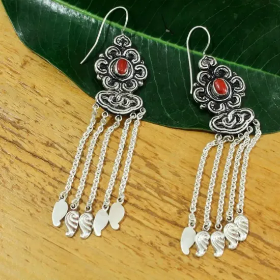 Picture of Red Stone Pure Silver Drop Earrings For Women - 18.72G