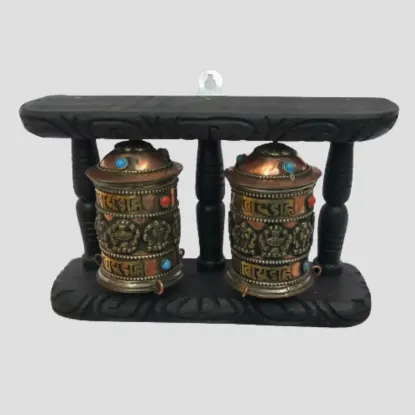 Picture of Two Wheel Prayer Wheel Or Mane With Wooden Frame Wall Hanging Or Table Decor ( 5 x 8) "