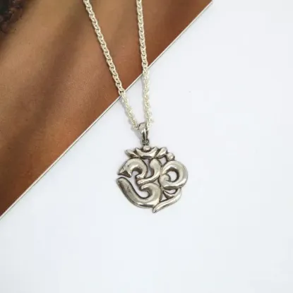Picture of Pure Silver Om Design Necklace Pendant - Unisex | Pure Silver Hook Closure 10 Inch Necklace With Om Pendant For Unisex | Casual Unisex Necklace