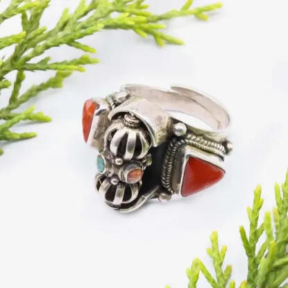 Picture of Pure Silver Bajra Design Ring With Natural Coral /Unisex/11.4 Gram