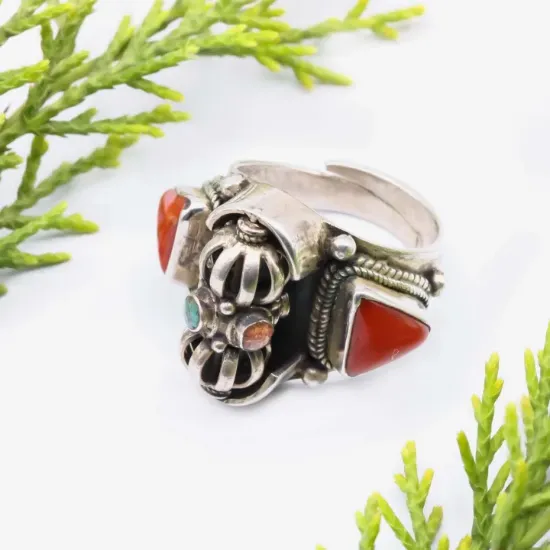 Picture of Pure Silver Bajra Design Ring With Natural Coral /Unisex/11.4 Gram