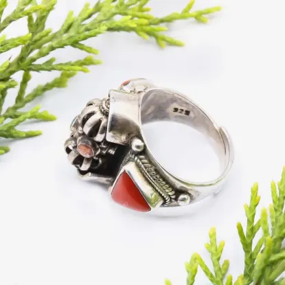 Picture of Pure Silver Bajra Design Ring With Natural Coral /Unisex/11.4 Gram