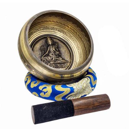 Picture of Nepali High Quality Seven Metal Bronze Singing Bowl, Green Tara Carved