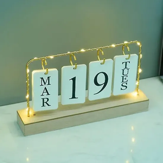 Picture of Vintage Wooden Desk Perpetual Led Calendar Week Date Display Calendar Office Desktop Decoration