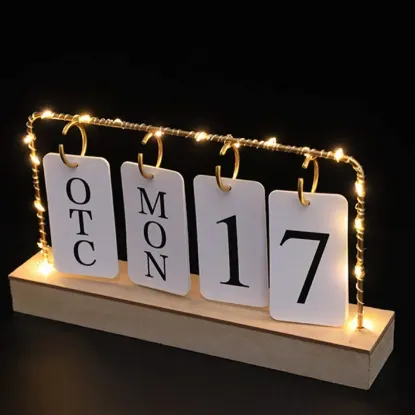 Picture of Vintage Wooden Desk Perpetual Led Calendar Week Date Display Calendar Office Desktop Decoration