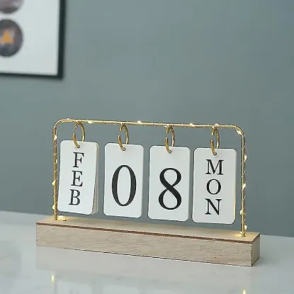 Picture of Vintage Wooden Desk Perpetual Led Calendar Week Date Display Calendar Office Desktop Decoration