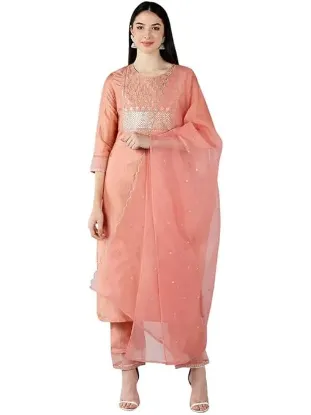 Picture of Women's Silk Blend Sequins Yoke Design Straight Kurta Pant With Dupatta