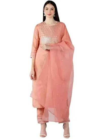 Picture of Women's Silk Blend Sequins Yoke Design Straight Kurta Pant With Dupatta