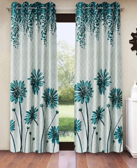 Picture of Home Sizzler 2 Pieces Sunflower Panel Eyelet Polyester Door Curtains - 7 Feet, Turquoise Green