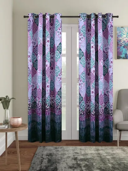 Picture of Polyester Blackout Printed Door Opaque Curtains (Pack of 2, 7 Feet, Green), Grommet Curtains