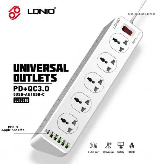 Picture of Ldnio SC10610 10 Sockets Type-C PD 6 USB Ports 2500W Multiplug Extension Cord Charger