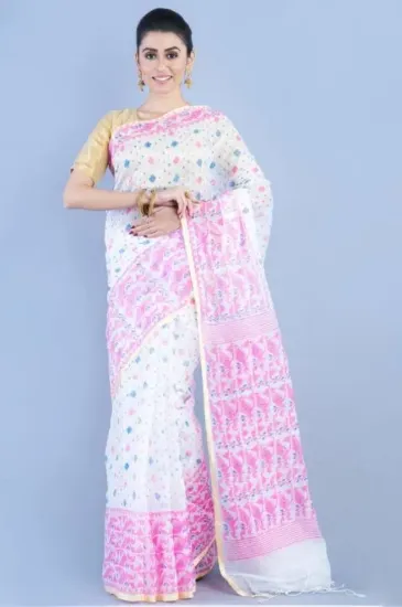 Picture of Printed Jamdani Cotton Silk Saree (White)