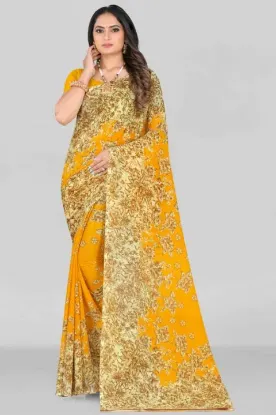 Picture of Printed Daily Wear Georgette Saree (Yellow, Beige)