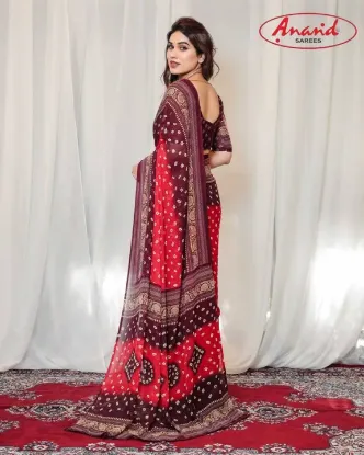 Picture of Printed, Geometric Print Bandhani Georgette Saree (Red, Brown)