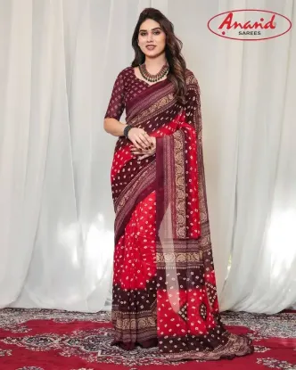 Picture of Printed, Geometric Print Bandhani Georgette Saree (Red, Brown)