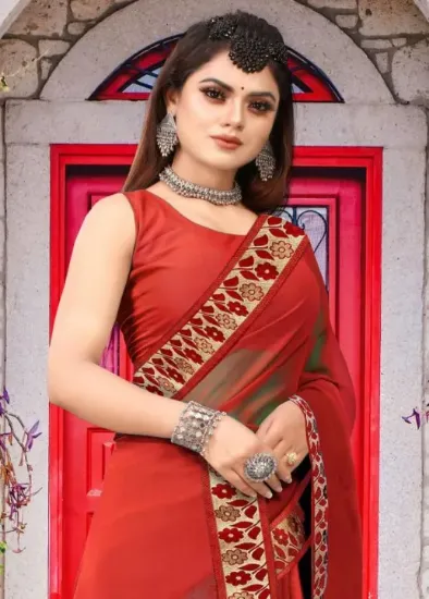 Picture of Printed Banarasi Lycra Blend, Chiffon Saree (Red, Orange)