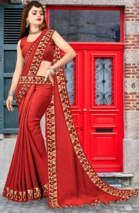 Picture of Printed Banarasi Lycra Blend, Chiffon Saree (Red, Orange)