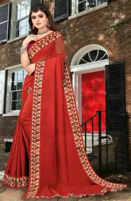 Picture of Printed Banarasi Lycra Blend, Chiffon Saree (Red, Orange)