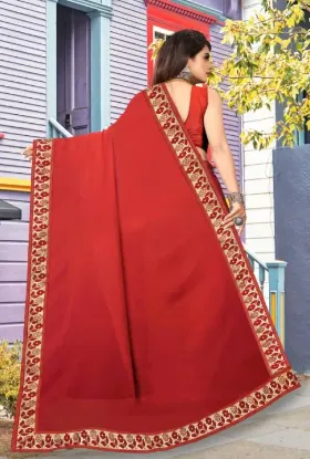 Picture of Printed Banarasi Lycra Blend, Chiffon Saree (Red, Orange)