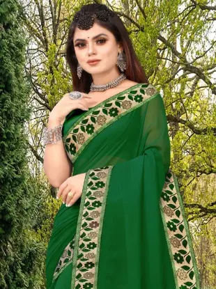 Picture of Printed Banarasi Lycra Blend, Chiffon Saree (Green)