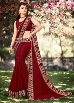 Picture of Printed Banarasi Lycra Blend, Chiffon Saree (Maroon, Gold)