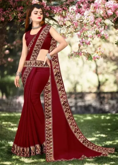 Picture of Printed Banarasi Lycra Blend, Chiffon Saree (Maroon, Gold)