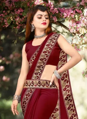 Picture of Printed Banarasi Lycra Blend, Chiffon Saree (Maroon, Gold)