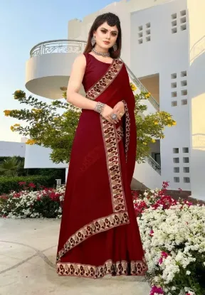 Picture of Printed Banarasi Lycra Blend, Chiffon Saree (Maroon, Gold)