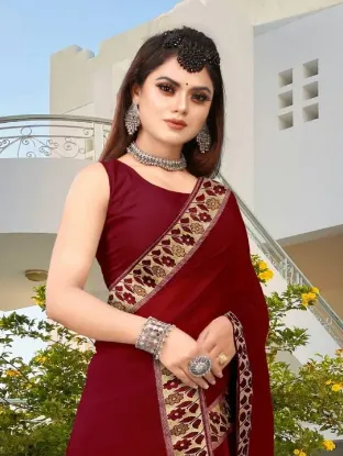 Picture of Printed Banarasi Lycra Blend, Chiffon Saree (Maroon, Gold)