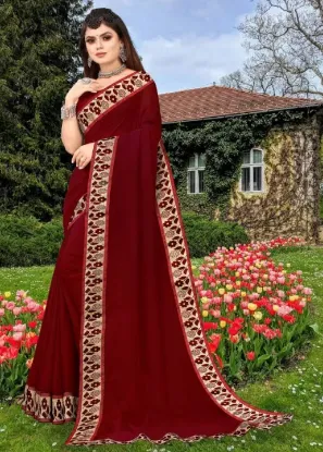 Picture of Printed Banarasi Lycra Blend, Chiffon Saree (Maroon, Gold)