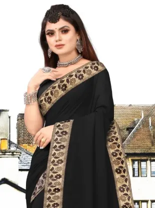 Picture of Printed Banarasi Lycra Blend, Chiffon Saree (Black, Gold)