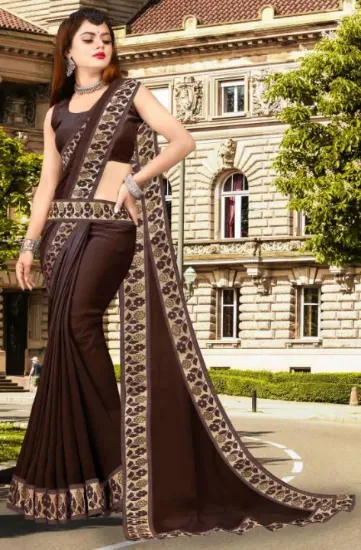 Picture of Printed Banarasi Lycra Blend, Chiffon Saree (Brown)