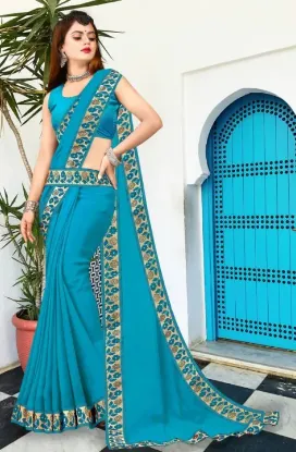 Picture of Printed Banarasi Lycra Blend, Chiffon Saree (Light Blue)