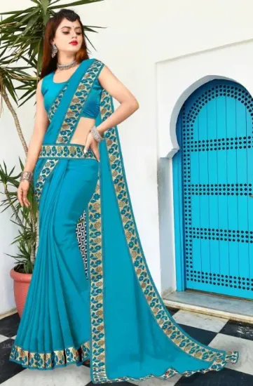 Picture of Printed Banarasi Lycra Blend, Chiffon Saree (Light Blue)