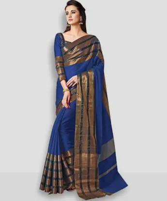Picture of Striped, Woven, Embellished, Solid/Plain Mysore Cotton Blend, Art Silk Saree (Blue)