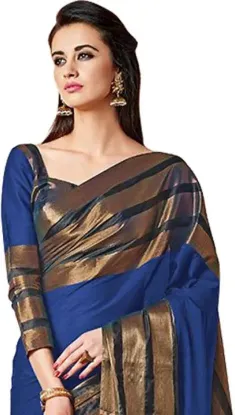 Picture of Striped, Woven, Embellished, Solid/Plain Mysore Cotton Blend, Art Silk Saree (Blue)