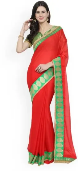 Picture of Temple Border Bollywood Chiffon Saree (Red)