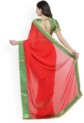 Picture of Temple Border Bollywood Chiffon Saree (Red)