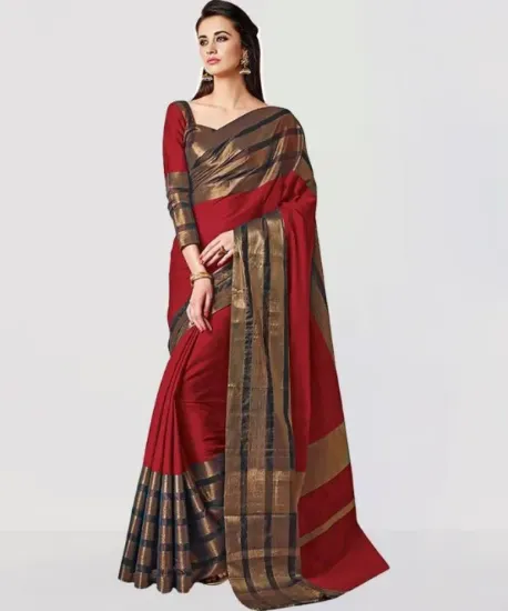 Picture of Striped, Woven, Embellished, Solid/Plain Kanjivaram Cotton Blend, Art Silk Saree (Red)