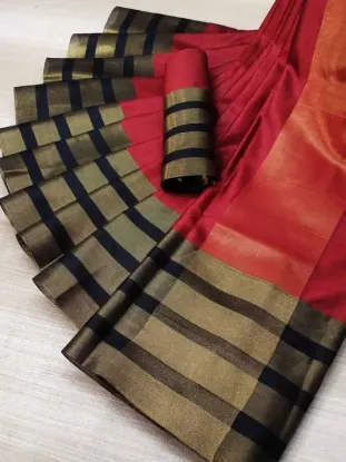 Picture of Striped, Woven, Embellished, Solid/Plain Kanjivaram Cotton Blend, Art Silk Saree (Red)