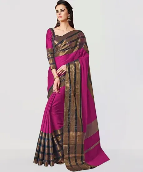 Picture of Striped, Woven, Embellished, Solid/Plain Banarasi Cotton Blend, Art Silk Saree (Pink)