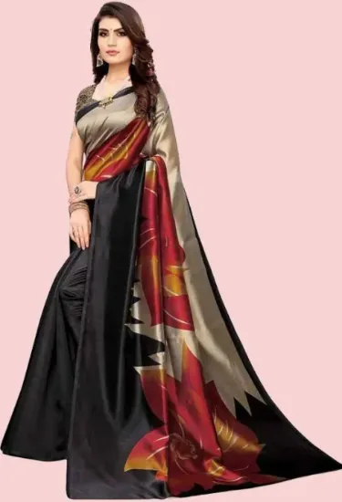 Picture of Floral Print Kalamkari Art Silk Saree (Black)