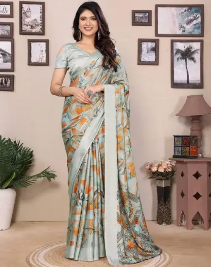 Picture of Floral Print Bollywood Tussar Silk Saree (Grey)