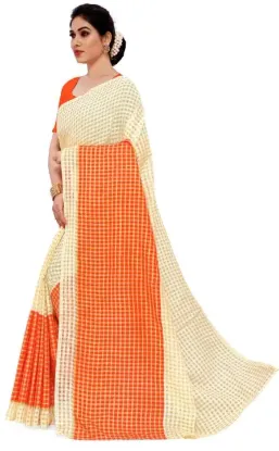Picture of Checkered Daily Wear Art Silk Saree (Orange, Cream)