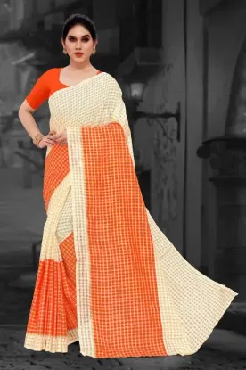Picture of Checkered Daily Wear Art Silk Saree (Orange, Cream)